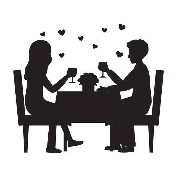 Black Silhouette of Man and woman are in the restaurant on the romantic date. Couple in love. People sitting at the table with a glass of wine. Romance relationship. Flat style. Vector illustration