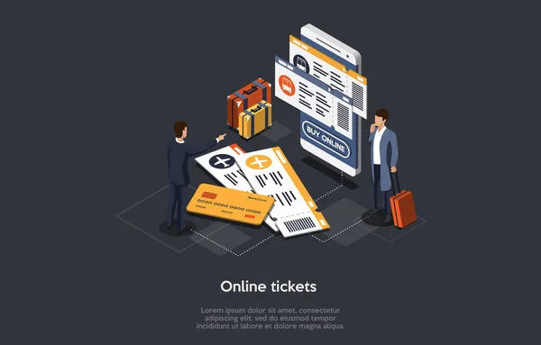 Isometric Travel and Tourism Concept. Online nákup nebo rezervace autobusu nebo letenek. Cestování, obchodní lety po celém světě. Plochá 3D izometrická vektorová ilustrace — Stockový vektor