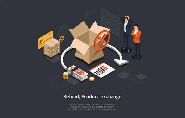 Illustration isométrique du remboursement ou de l'échange de produits. Le processus de reprise du produit. Processus de vente au détail lorsque le client échange des biens contre des finances. Scène d'Annuler Deal avec remboursement — Image vectorielle