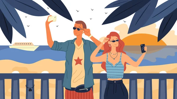 Joven y mujer vestidos a la moda con gafas de sol con teléfonos móviles están haciendo selfie en el fondo de la costa. Pareja en el amor disfrutar de la relación durante el viaje. Estilo plano. Ilustración vectorial — Archivo Imágenes Vectoriales