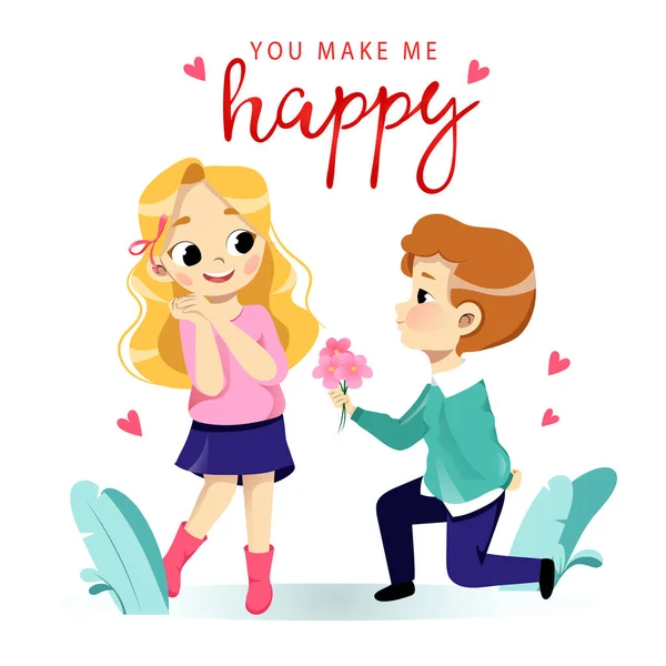 El chico romántico le está dando flores a su novia. La inscripción You Make Me Happy. El momento en que el chico está de pie sobre la rodilla le da a una chica un ramo de flores. Estilo plano. Ilustración vectorial — Vector de stock