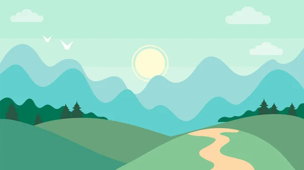 Χαριτωμένο καρτούν οριζόντια ορεινό τοπίο. Έννοια της υπέροχης φύσης. Επίπεδο στυλ. Εικονογράφηση διανύσματος — Διανυσματικό Αρχείο