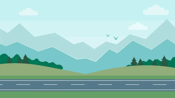 Desenhos animados bonito paisagem montanha horizontal com a estrada. Conceito de natureza beatiful. Estilo plano. Ilustração vetorial —  Vetores de Stock