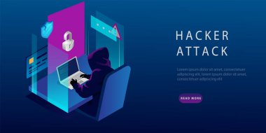 Isometric Internet Hacker Attack ve Kişisel Veri Güvenliği Konsepti. Bilgisayar 'daki Hacker. Bilgisayar Güvenlik Teknolojisi. Spam Virüsleri e-posta, Banka Hesap Hackleme. Vektör İllüstrasyonu
