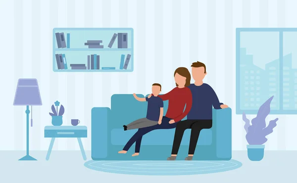 Happy Family Sitting on a Sofa in a Living Room, Comunicating And Relaxing. Flat Style.Vector Illustration — 스톡 벡터