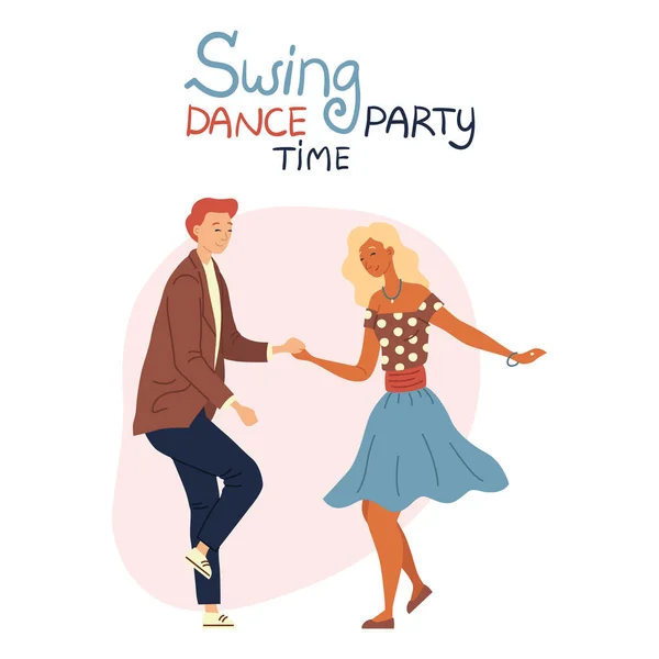 Swing Dance Party idő koncepció elszigetelt a fehér háttér. Fiatal pár a Dancing Swing, Rock and Roll vagy Lindy Hop. Lapos stílus. Vektorillusztráció — Stock Vector
