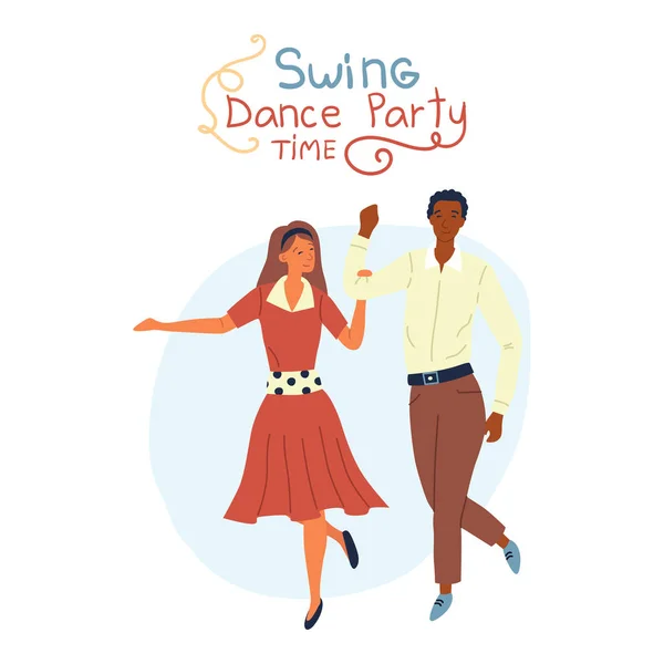 Swing Dance Party Time Konzept. junges hübsches Paar tanzt Swing, Rock "n" Roll oder Lindy Hop auf abstraktem Hintergrund. flachen Stil. Vektorillustration — Stockvektor