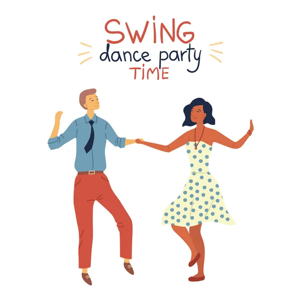 Swing Dance Party Time Concept (em inglês). Cool Pretty Couple é Dancing Swing, Rock and Roll ou Lindy Hop em fundo abstrato. Estilo plano. Ilustração vetorial — Vetor de Stock