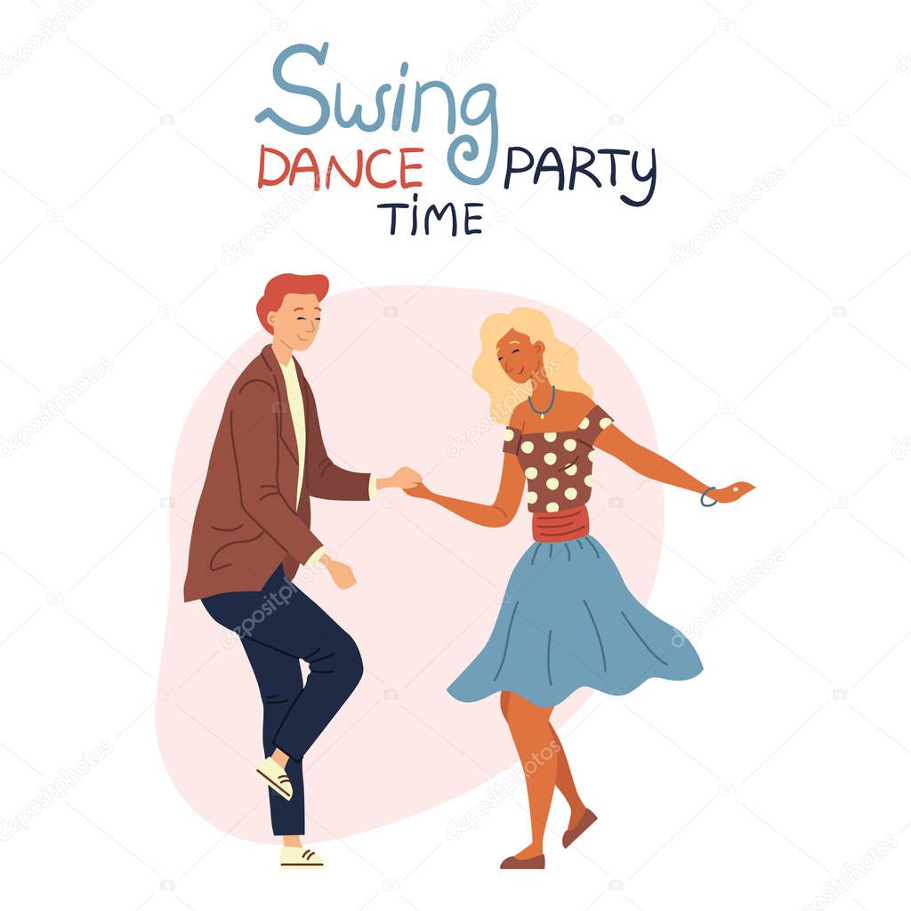 Swing Dance Party Time Concept Isolated On The White Background. Young Pretty Couple is Dancing Swing, Rock and Roll or Lindy Hop. Flat Style. Vector Illustration