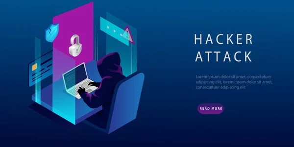 Isometric Internet Hacker Attack ve Kişisel Veri Güvenliği Konsepti. Bilgisayar 'daki Hacker. Bilgisayar Güvenlik Teknolojisi. Spam Virüsleri e-posta, Banka Hesap Hackleme. Vektör İllüstrasyonu