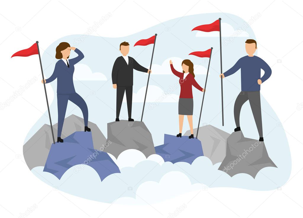Business People are Standing on Mountain Peak Top, Holding Red Flags on Blue Clouded Sky Background. Victory, Partnership, Motivation, Goal Achievement. Flat Style. Vector Illustration