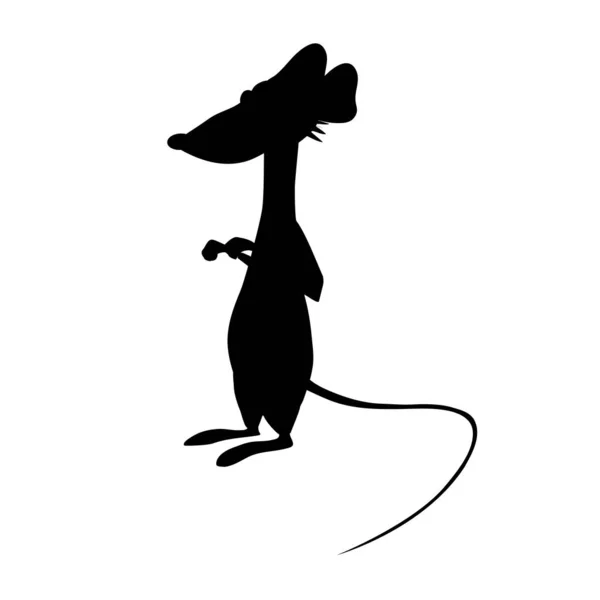 Zwart silhouet van leuke cartoon rat geïsoleerd op de witte achtergrond. Platte stijl. Vector Illustratie — Stockvector
