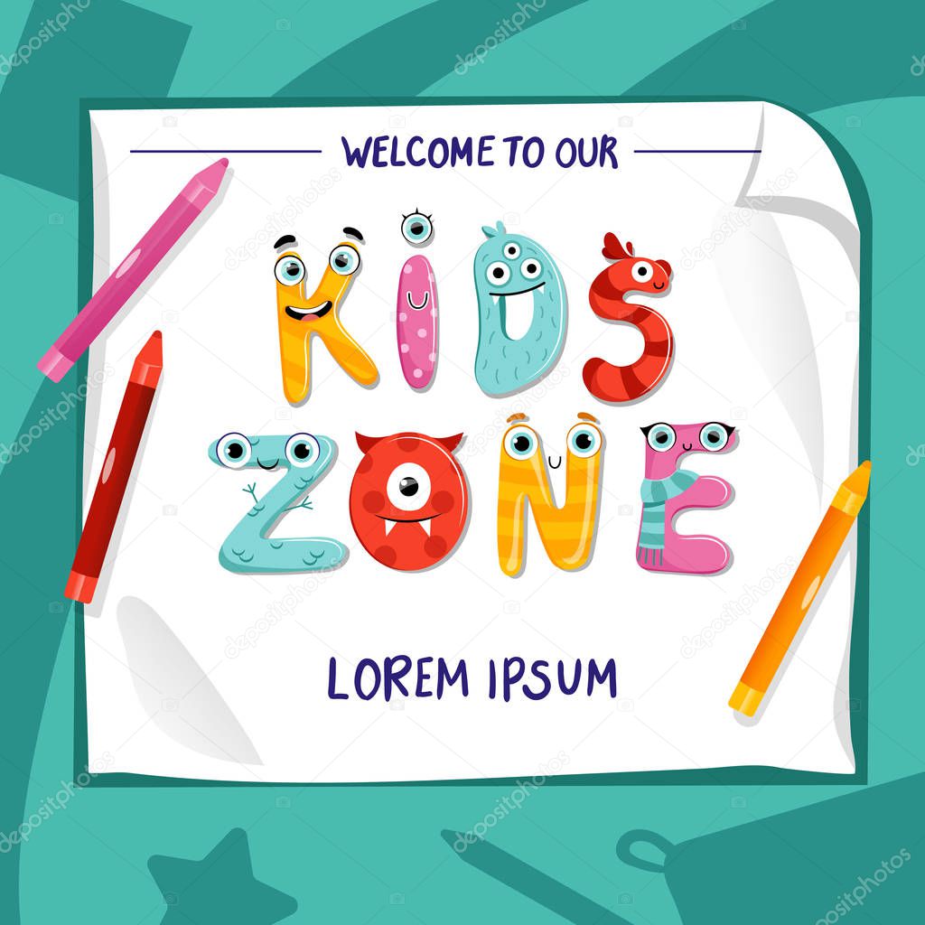 Kids zone cartoon banner. Colorful bubble letters for children s playroom decoration. Design Of Cute Logo For Kids Area With Place For Text. Flat Style. Vector Illustration.