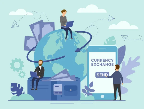 Currency Exchange Concept. Flat Tiny Business Persons on the Planet Earth Background With Big Smartphone and Wallet. Economical process to trade euro, dollar, or yen. Flat Style. Vector Illustration — Stock Vector