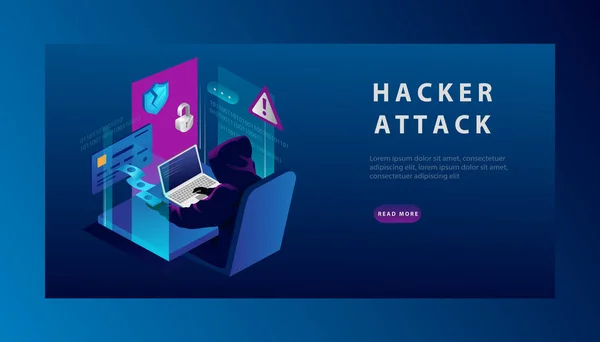 Isometrische Internet Hacker Aanval en Credit Card Hacking Concept. De hacker achter de computer. Template voor computerbeveiligingstechnologie voor landingspagina. Creditcard, bankrekening hacken. Vector Illustratie — Stockvector