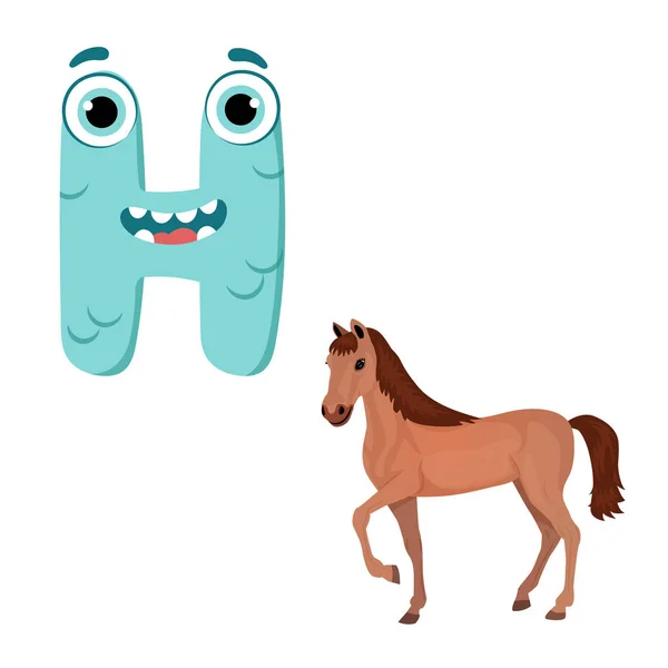 Vector lindo infantil dibujos animados Inglés alfabeto. Letra H con caballo. La carta como el pequeño monstruo. Estilo plano. Ilustración vectorial — Vector de stock