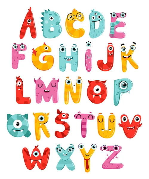 Lindo alfabeto inglés infantil de dibujos animados aislado en el fondo blanco. Las letras están en el estilo de los pequeños monstruos. Estilo plano. Ilustración vectorial Vector De Stock