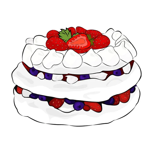 Appetizing Meringue Cake With Berries Isolated On the White Background. Cartoon Flat Style. Vector Illustration — Stock Vector