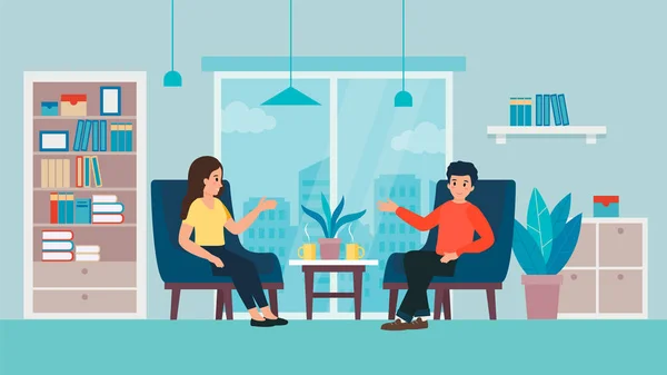 Jeune couple discute dans un salon. L'homme et la femme s'assoient et parlent les uns contre les autres dans l'atmosphère domestique avec un beau paysage urbain. Style dessin animé plat. Illustration vectorielle — Image vectorielle