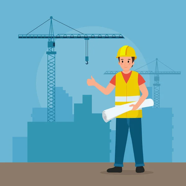 Architect is Holding Blueprint at Construction Background, Mostrando como Entrar à Mão. Homem com Projeto em Capacete e Terno. Desenhos animados em estilo plano. Ilustração vetorial —  Vetores de Stock