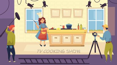 Televizyon Aşçılığı Konsepti. Kız stüdyodaki kameradan önce yemek pişiriyor. Çizgi film Düz Stili. Vektör İllüstrasyonu