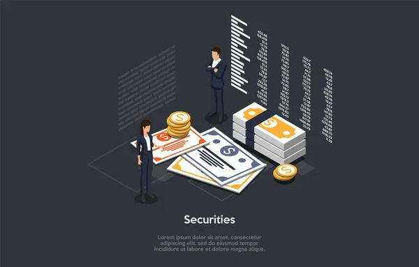 Conceito de títulos isométricos. Pessoas de negócios Homem e mulher formando um portfólio de investimento de valores mobiliários. Ilustração vetorial —  Vetores de Stock