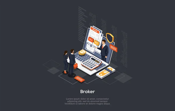 Isometric Broker Concept. Cenné papíry a kryptoměna makléř dělá investiční nabídku pro podnikatele. Vektorová ilustrace — Stockový vektor