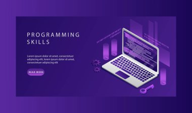 Web sitesi için Isometric Landing Şablonu, Programlama ve Kodlama Yetenekleri. Web Banner Illustration Professional Engineering for Website, Php, Html, C, Css, J.S. Vector Illustration