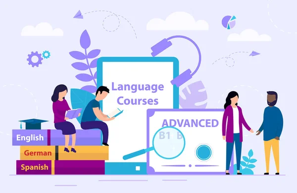 Language Courses Concept. Tiny People Are Learning Foreign languages online in a group. Webinar on learning foreign languages. Cartoon Flat Style. Vector illustration — Stock Vector