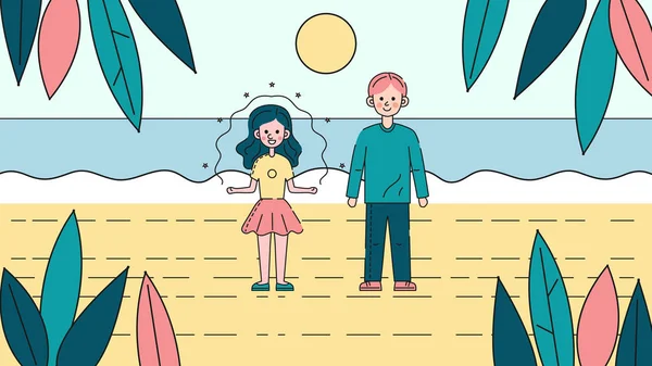 Summer Beach Vacations Concept. Jeune couple est debout sur la plage avec des paumes sur le fond. Amical Souriant Les jeunes garçons et les jeunes filles profitent de leurs vacances. Style plat. Illustration vectorielle — Image vectorielle