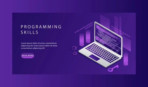 Modello di pagina di atterraggio isometrico di sviluppo Web, programmazione e abilità di codifica per il sito Web. Banner WEB Illustrazione Ingegneria professionale per siti web, PHP, HTML, C, CSS, Js.Vector Illustration — Vettoriale Stock