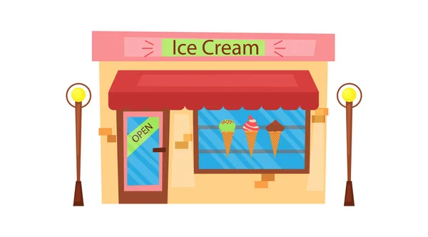 Modern Ice Cream Cafe With Showcase With Many Types of Ice Cream Isolated On the White Background. Cartoon Flat Style. Vector Illustration — Stock Vector