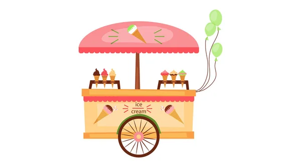 Carrello mobile del gelato con molti tipi di gelato e palloncini verdi isolati sullo sfondo bianco. Stile piatto del fumetto. Illustrazione vettoriale — Vettoriale Stock