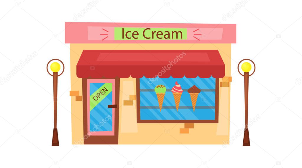 Modern Ice Cream Cafe With Showcase With Many Types of Ice Cream Isolated On the White Background. Cartoon Flat Style. Vector Illustration