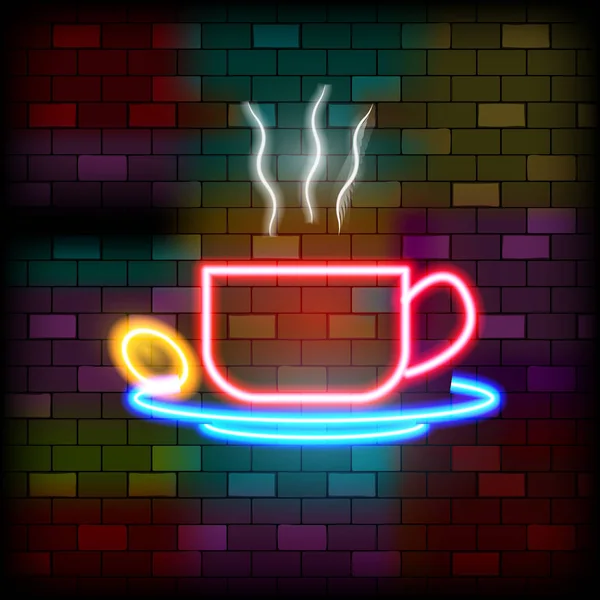 Vip Neon Icon. Симпатичный вип-неоновый чашечка чая на темном фоне стены брика. Плоский стиль. Векторная миграция — стоковый вектор