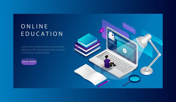 Isometric Online education Website Landing Page Concept. Student Is Studing Online Course. University Studies . Web Page Template. Vector illustration — 스톡 벡터