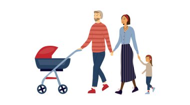 Big Happy Family Is Walking. Father With Baby In the Pram, Mother Is Holding Daughters Hand. Cartoon Flat Style. Vector Illustration Isolated On The White Background