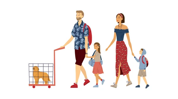 Famiglia con bagagli, gabbia per cani e borsa isolata sullo sfondo bianco. Family Trip Concept. La famiglia felice è pronta a viaggiare. Stile piatto del fumetto. Illustrazione vettoriale — Vettoriale Stock