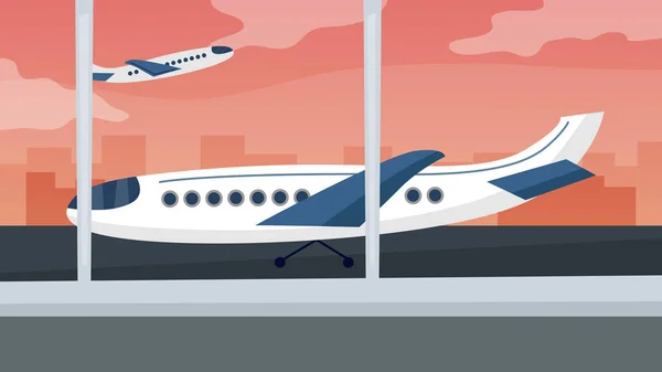 Uitzicht vanaf luchthaven Terminal Op vliegtuigen Op de abstracte achtergrond. Reizen en vakantie concept. Cartoon Flat Style. Vector Illustratie — Stockvector