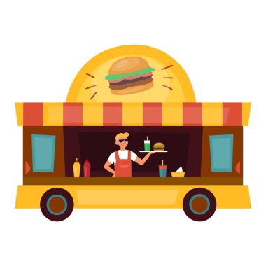 Fast Food Truck With Burger And Drinks. The Waiter Has Cooked Burger Set For Customer. Cartoon Flat Style. Vector Illustration