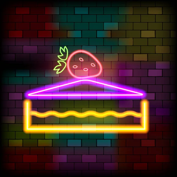 Vip Neon Icoon. Schattig Vip Neon stuk taart met aardbei op de Dark Brick Wall achtergrond. Platte stijl. Vector Illustratie — Stockvector