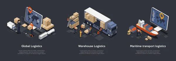 Isometric Set Of Global Logistics, Warehouse Logistics, Maritime Transport Logistics На час доставки вантажів, призначених для відправки та перевезення великої кількості вантажів. Векторний приклад — стоковий вектор