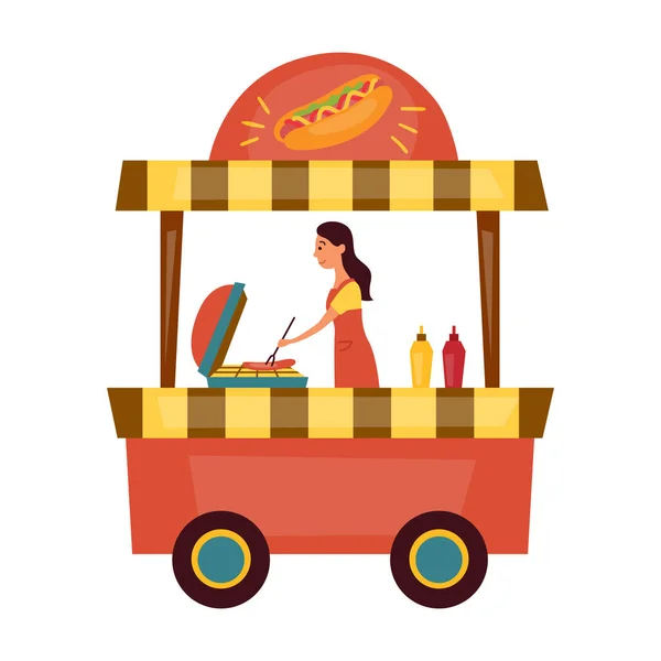 Street Food Concept. Barbeque Fast Food Truck με χοτ-ντογκ. Ο σερβιτόρος μαγειρεύει για τους πελάτες. Στυλ καρτούν. Εικονογράφηση διανύσματος — Διανυσματικό Αρχείο