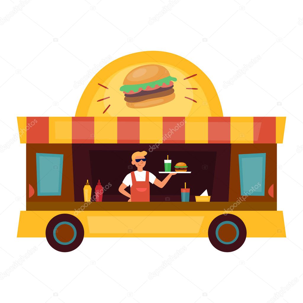 Fast Food Truck With Burger And Drinks. The Waiter Has Cooked Burger Set For Customer. Cartoon Flat Style. Vector Illustration