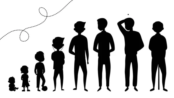 Coleção de silhuetas pretas da idade masculina. Desenvolvimento dos Homens da Criança aos Idosos. Silhuetas de personagens masculinos isolados no fundo branco. Estilo plano. Ilustração vetorial —  Vetores de Stock