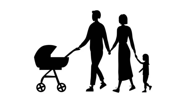 Siluetas familiares aisladas en el fondo blanco. Black Silhouettes Of Father With Baby In the Pram, Mother Is Holding Daughters Hand. Dibujos animados estilo plano. Ilustración vectorial — Archivo Imágenes Vectoriales