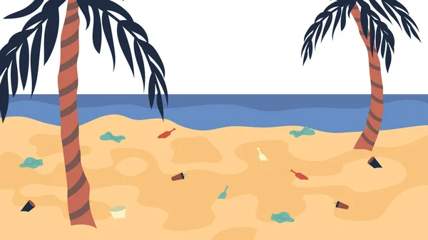 Концепция загрязнения океана, куча мусора на пляже. Грязное загрязненное море, покрытое пластиком и другим мусором. Мультфильм в плоском стиле. Векторная иллюстрация — стоковый вектор