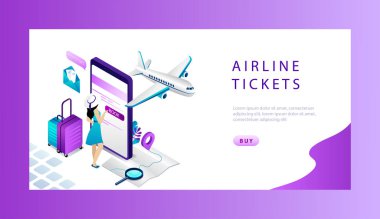 Isometric Rezervasyon ve Online Uçak Biletleri Konsepti. Web sitesi İniş Sayfası. Big Smartphone 'dan Online bilet alan ya da ayırtan kadın. Çevrimiçi Bilet Web Sayfası Vektör İllüstrasyonu