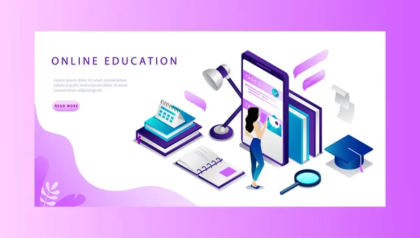 Isometric Online Education Website Conceito de landing page. Banner da Web de Educação Online com fundo abstrato. Mulher está estudando, fazendo tarefas no smartphone. Página Web Vector Ilustração — Vetor de Stock