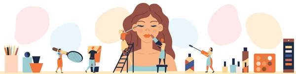 Schönheitssalon concept.tiny Zeichen Make-up für Frau mannequin.people setzen Lippenstift, fügen Lidschatten, tun Haare. Mode Schönheitssalon mit professionellen Arbeitnehmern. Cartoon flachen Stil. Vektorillustration — Stockvektor